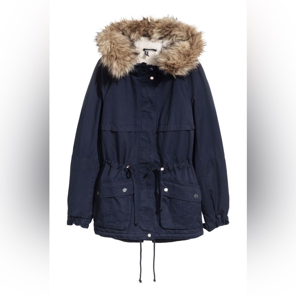 H&M Divided Pile-lined Parka, navy blue faux fur warm zip jacket Size 4
